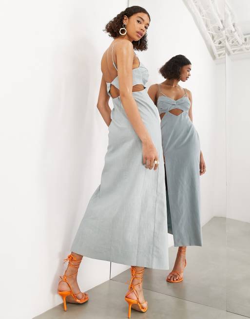 ASOS EDITION strappy turn back midi dress with cut out in dusky blue