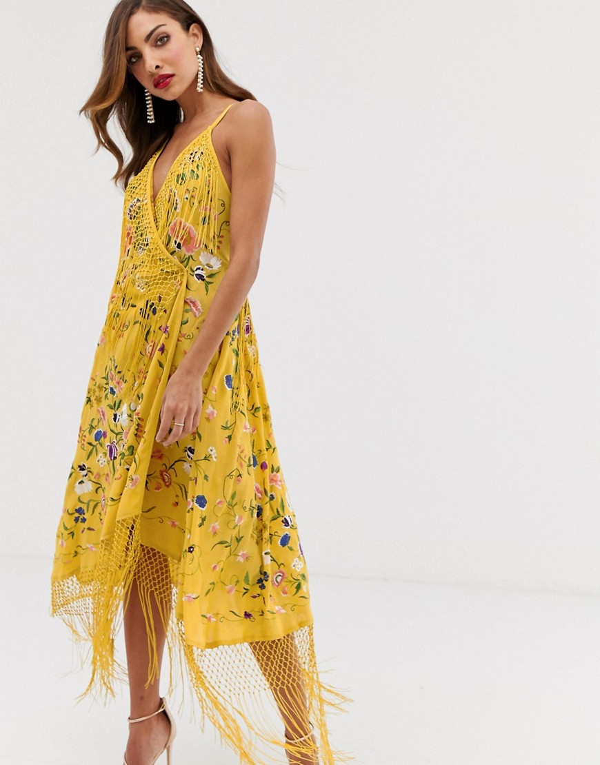 ASOS EDITION strappy wrap embroidered fringe dress-Yellow