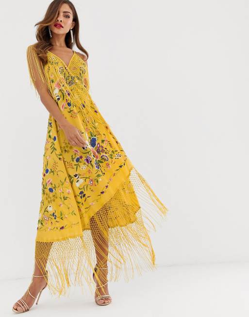 Asos yellow fringe clearance dress