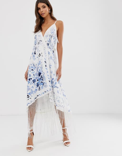 ASOS EDITION strappy wrap embroidered fringe dress