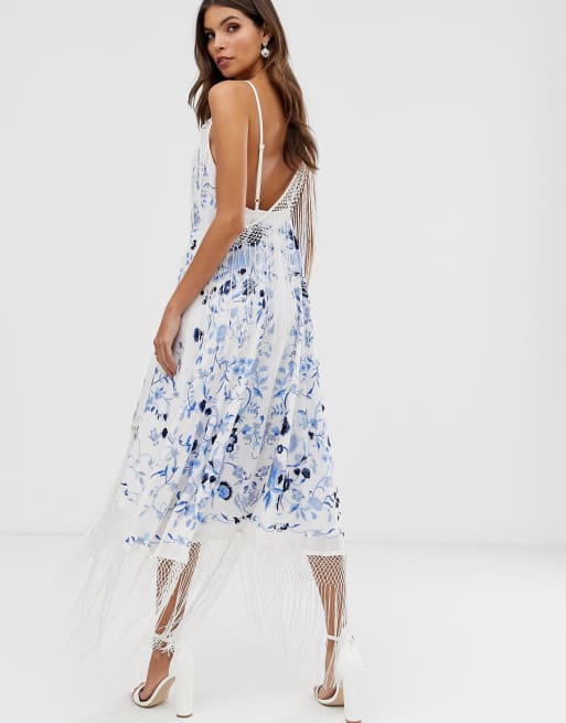 Asos edition embroidered midi fringe clearance dress