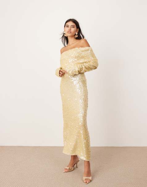 ASOS EDITION - Strikket og cremefarvet bardot-maxikjole med gennemgående pailletter - view 1
