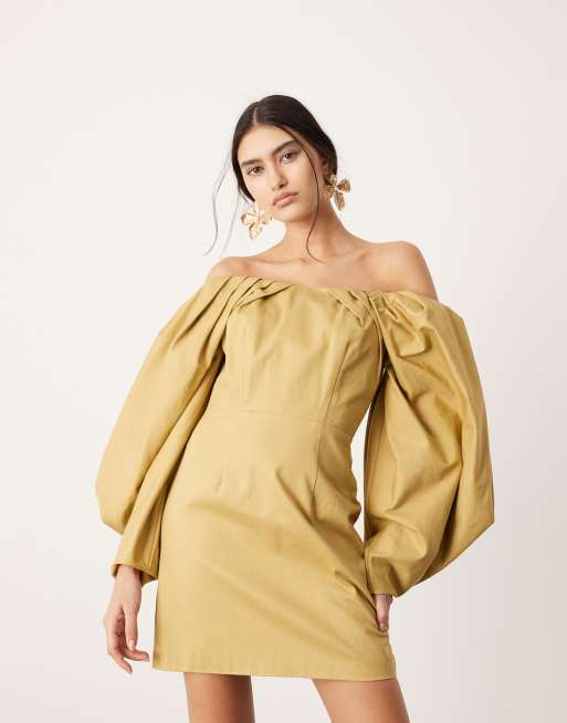 ASOS EDITION structured off the shoulder mini dress in honey