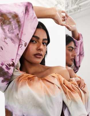 ASOS EDITION structured off the shoulder mini dress in sunset print