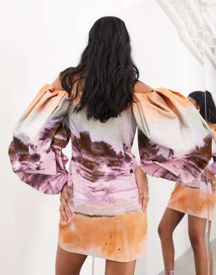 ASOS EDITION structured off the shoulder mini dress in sunset print