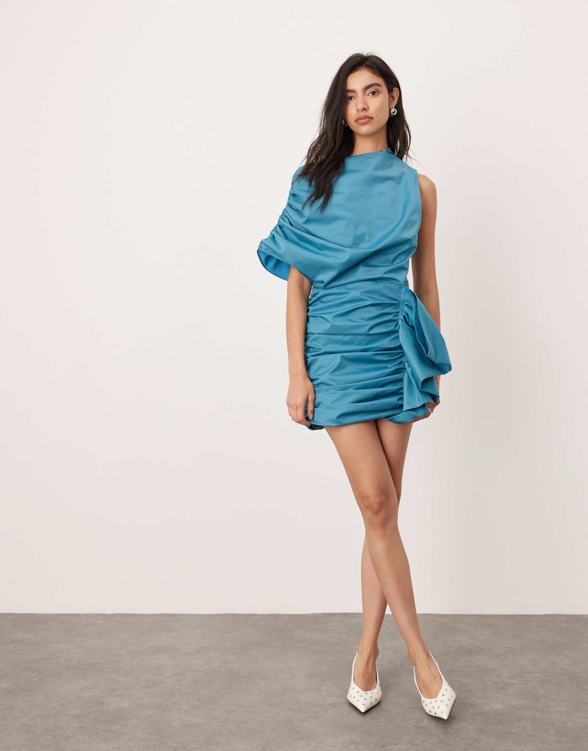 asos edition structured ruched detail midi dress in teal