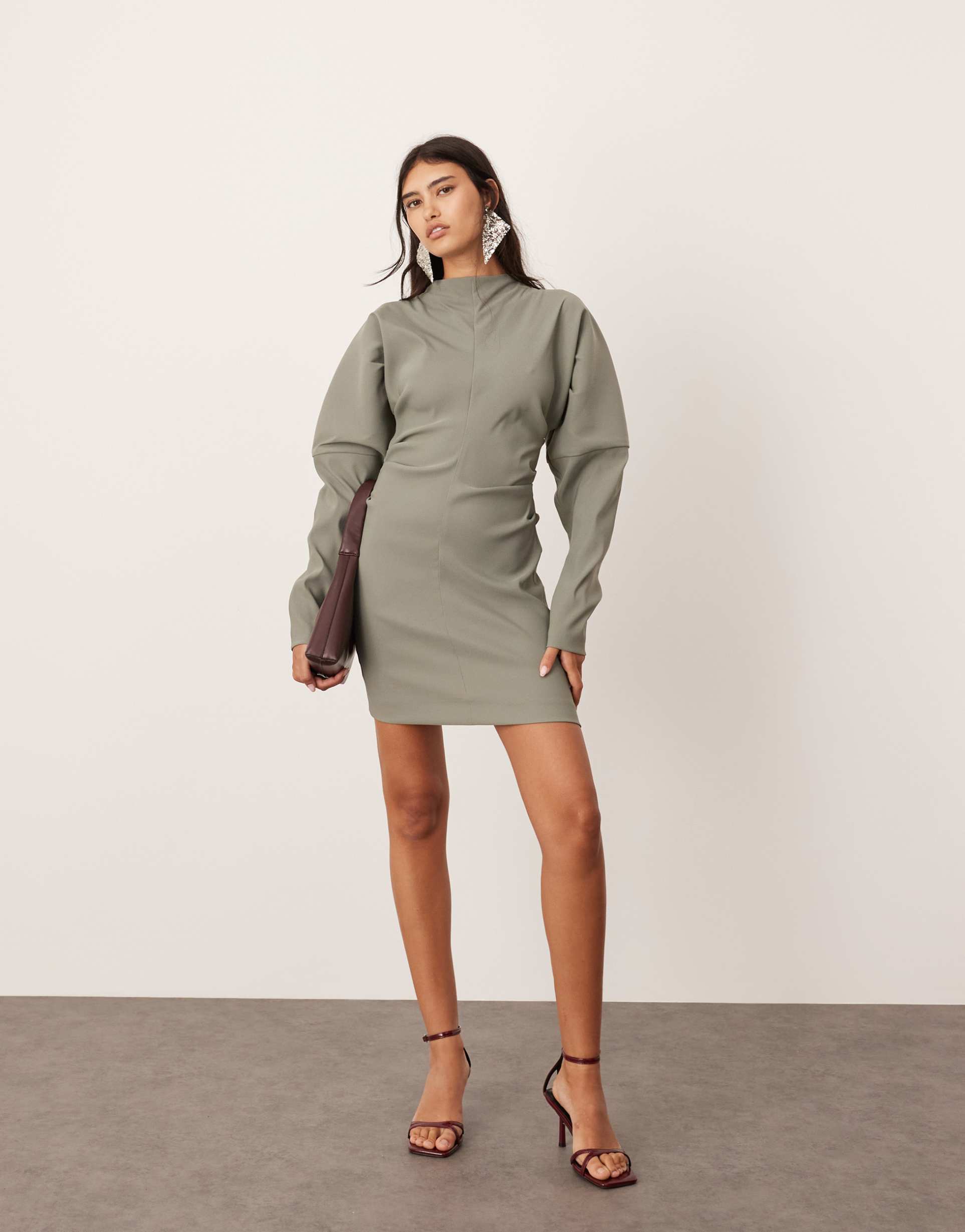 asos edition structured sleeve mini dress with pleat waist in khaki green