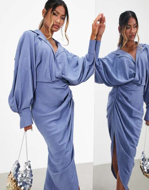 ASOS EDITION – Strukturiertes, drapiertes Midi-Hemdkleid in Blau mit Bindedetail, 3 von 4