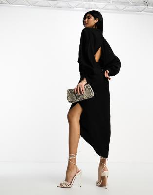 ASOS EDITION - Strukturiertes, drapiertes Midi-Hemdkleid in Schwarz mit Bindedetail