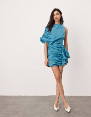 ASOS EDITION - Strukturiertes Minikleid in Blaugrün mit Raffung-Schwarz