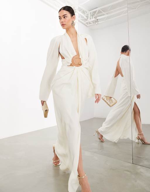 ASOS Edition – Sukienka maxi z długimi rękawami w kolorze złamanej bieli ze spiralną wstawką
