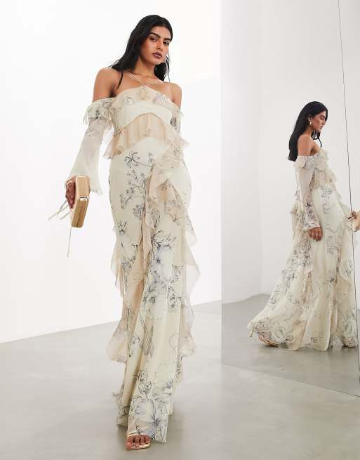 ASOS Edition – Sukienka maxi z nieobszytym brzegiem, odkrytymi ramionami, dekoltem halter i falbankami w kwiatowy wzór