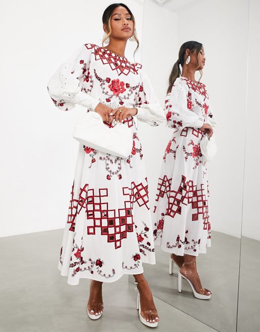 ASOS EDITION – Sukienka midi z koronkowym wykończeniem i haftowanym wzorem  w kolorze czerwonym | ASOS