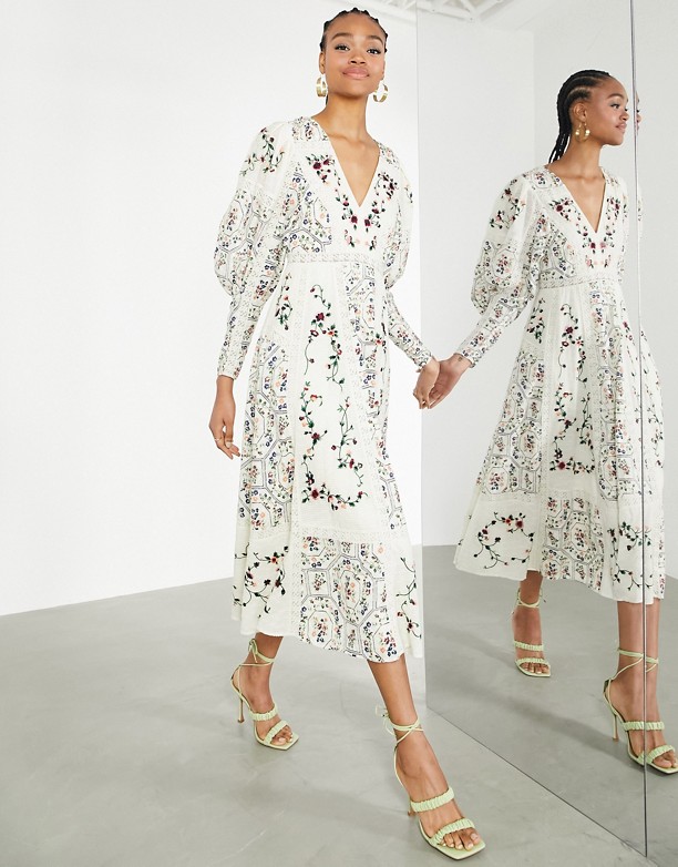  100% Gwarantowana ASOS EDITION – Sukienka midi z koronkowymi wstawkami i kwiatowym haftem Wielokolorowy