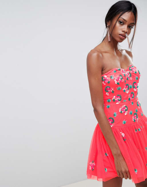 ASOS EDITION – Sukienka mini z tiulu z dekoltem typu bandeau i kwiatowymi zdobieniami