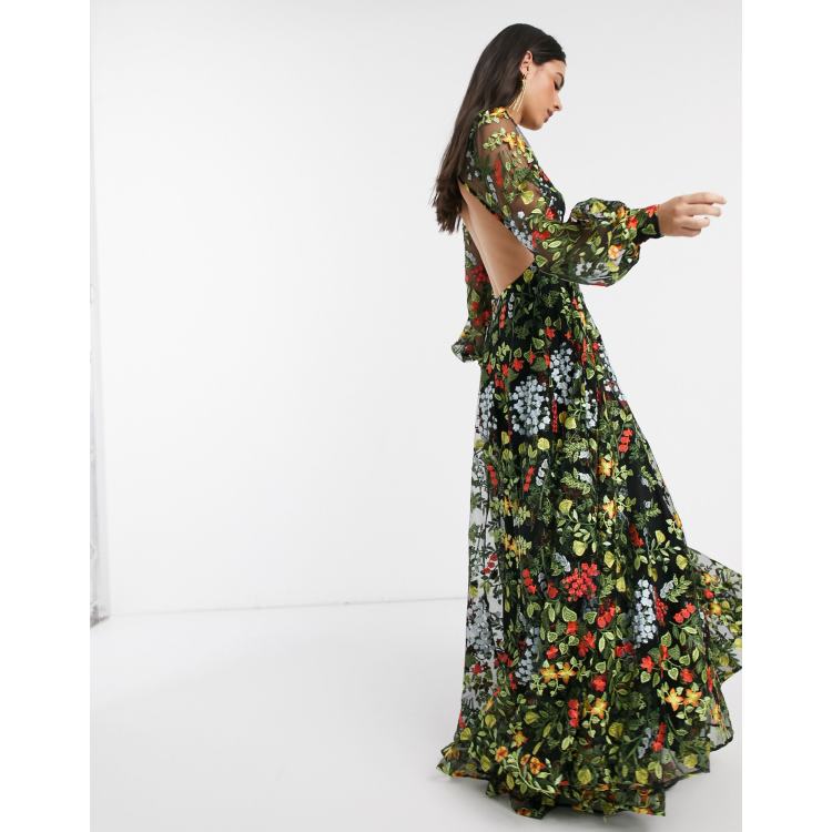 Asos edition floral embroidered shop maxi dress with cutabout skirt