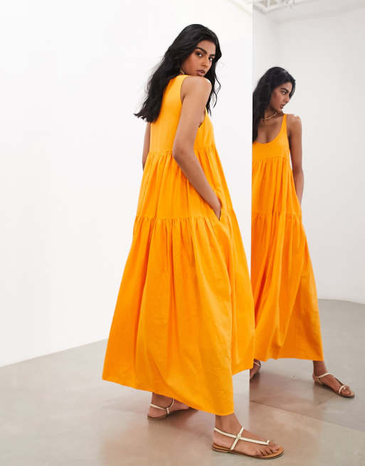 ASOS EDITION super full scoop neck tiered maxi dress in marigold orange, 3 of 4