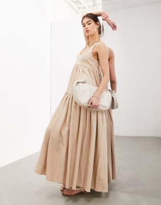 Asos Design Super Full Scoop Neck Tiered Maxi Dress In Oatmeal-neutral