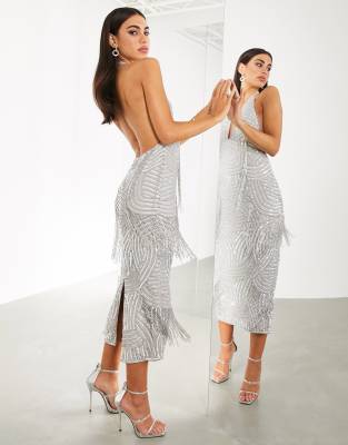 ASOS EDITION super plunge embellished fringe midi dress-Silver