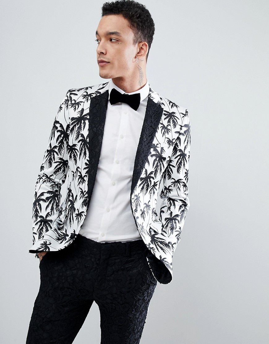 ASOS EDITION super skinny suit jacket in black and white palm tree print with contract black lace lapel