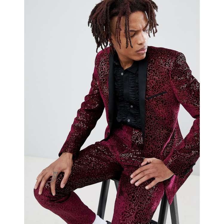 ASOS Super Skinny Tuxedo Suit Jacket In Dark Red