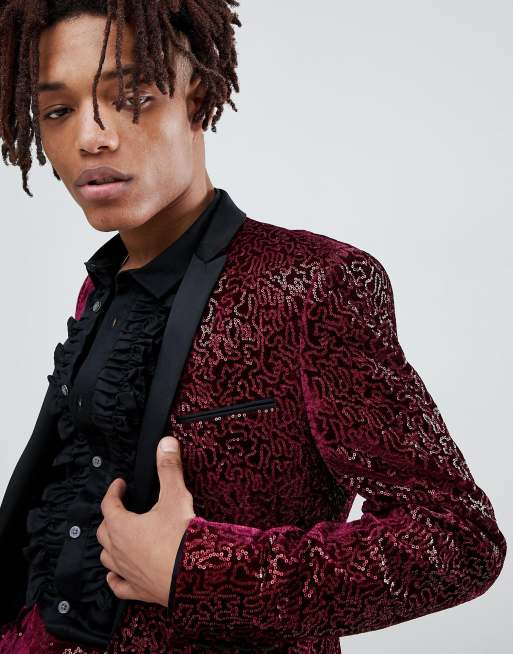 ASOS EDITION super skinny tuxedo suit jacket in allover burgundy sequin