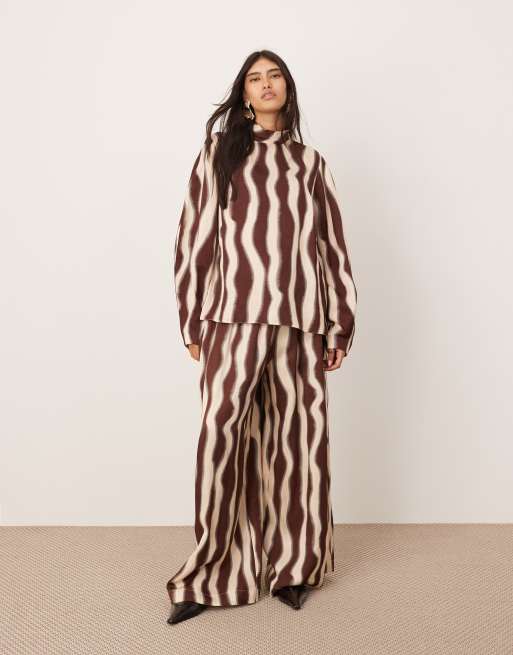 ASOS EDITION super wide leg drawstring waist pants and oversized top set in chocolate wavy print