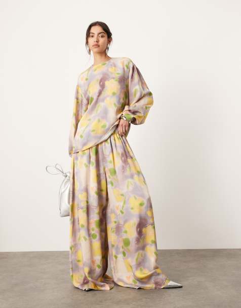 ASOS EDITION super wide leg drawstring waist pants in blurred floral - part of a set - view 1