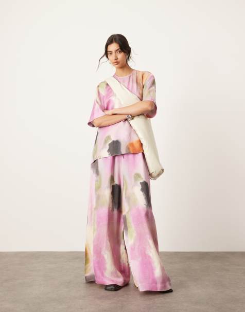 ASOS EDITION super wide leg drawstring waist pants in bold watercolour (part of a set) - view 1