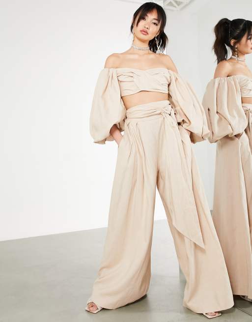 ASOS LUXE Curve wide leg high waist pants in beige - part of a set