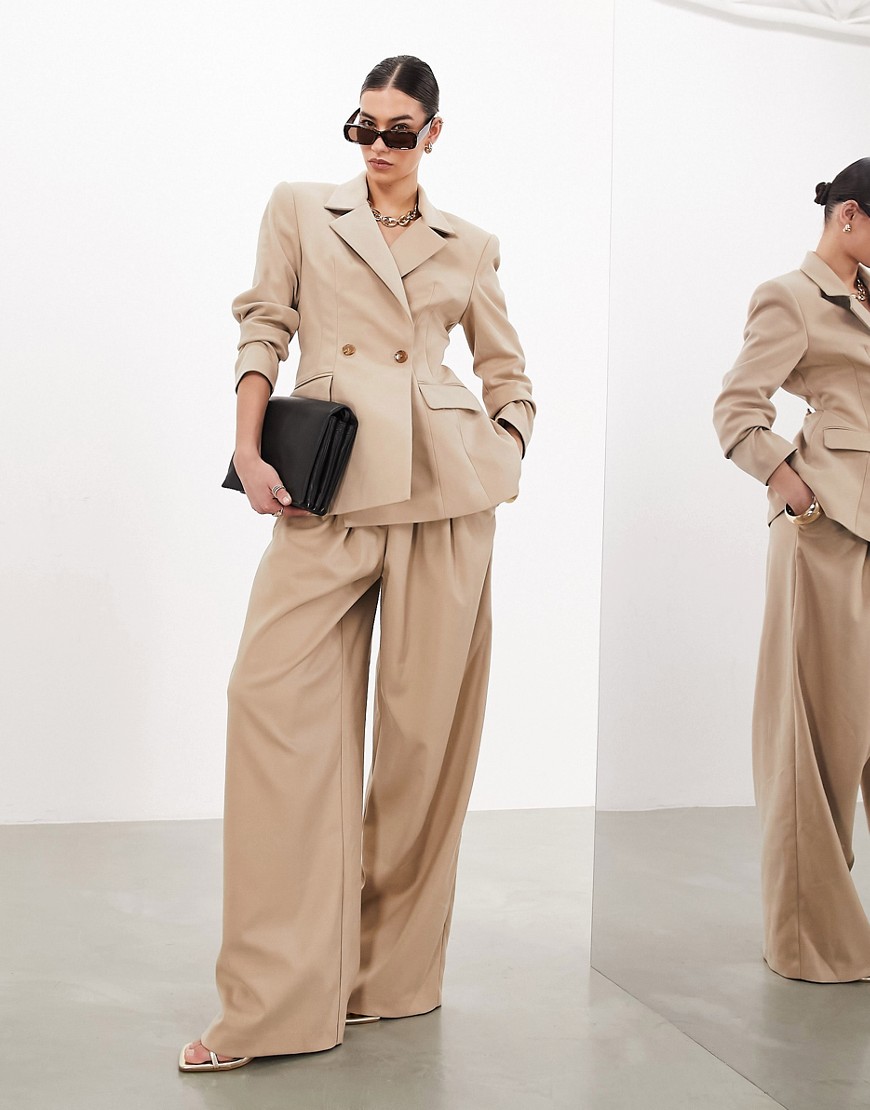 ASOS EDITION super wide leg pleat front trousers in stone-Neutral