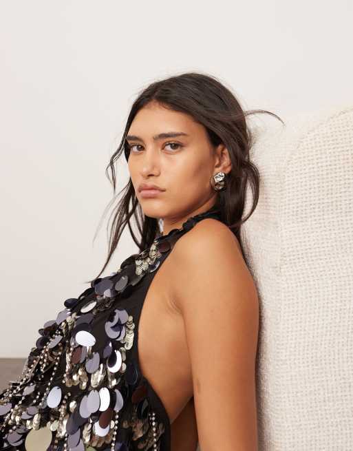 ASOS EDITION – Svart miniklänning med draperad halterneck utsmyckad med paljetter och fransar, 3 av 4