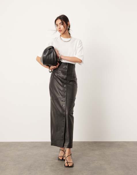 ASOS EDITION – Svart, mjuk maxikjol i läder med hög midja och knäppning - view 1