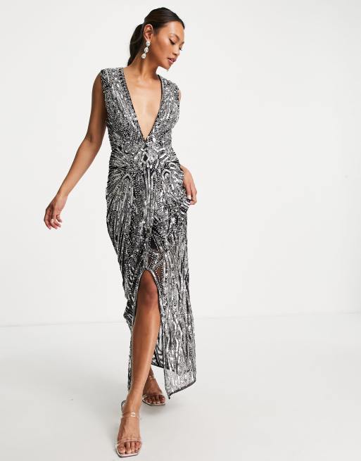 ASOS EDITION – Svart och silverfärgad midiklänning med paljetter och starburst-utsmyckning