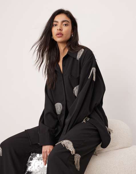 ASOS EDITION – Svart, prickig overshirt i oversize utsmyckad med strassfransar, del av set - view 1