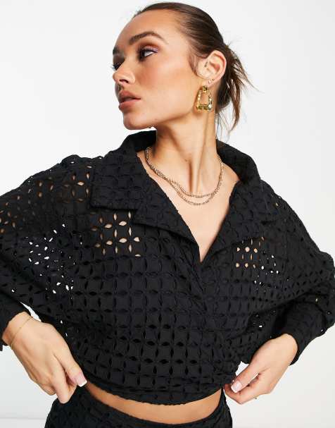 ASOS EDITION – Svart skjorta i omlottdesign med broderier och knytning - view 1