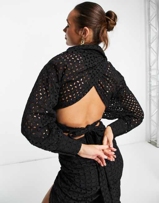ASOS EDITION – Svart skjorta i omlottdesign med broderier och knytning, 4 av 4