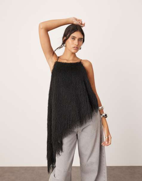 ASOS EDITION – Svart, strukturerad, asymmetrisk topp med fransar - view 1