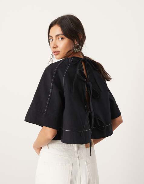 ASOS EDITION – Svart topp i twill med dekorativ söm och knytning baktill - view 1