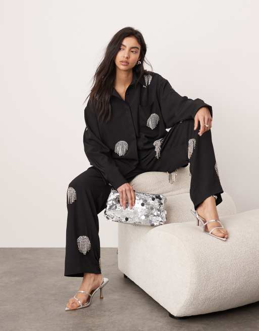 ASOS EDITION – Svarta byxor med vida ben och strassutsmyckade prickar, del av set