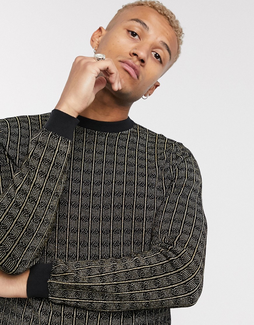 Asos Design Sweater In Gold Cable Design-black