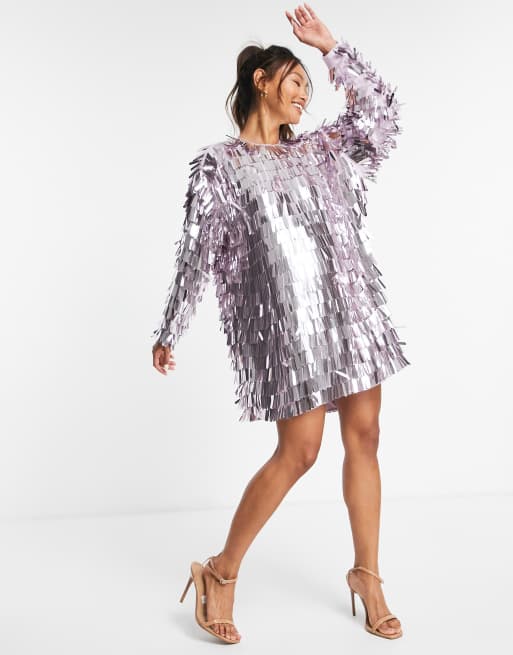 ASOS EDITION – Syrénlila miniklänning med pingvinärmar och paljettfransar, 3 av 4