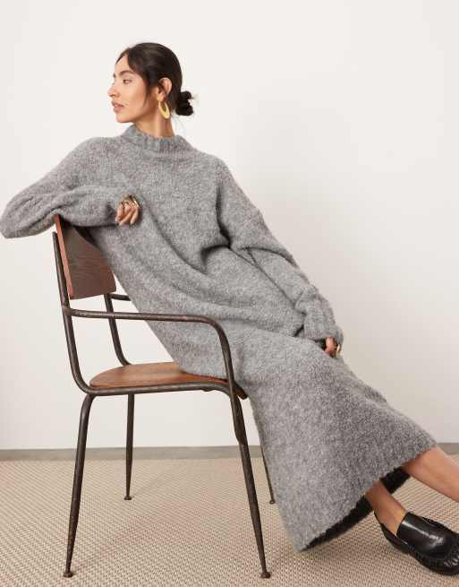 ASOS Edition – Szara sukienka maxi z grubej dzianiny bouclé z zabudowanym dekoltem