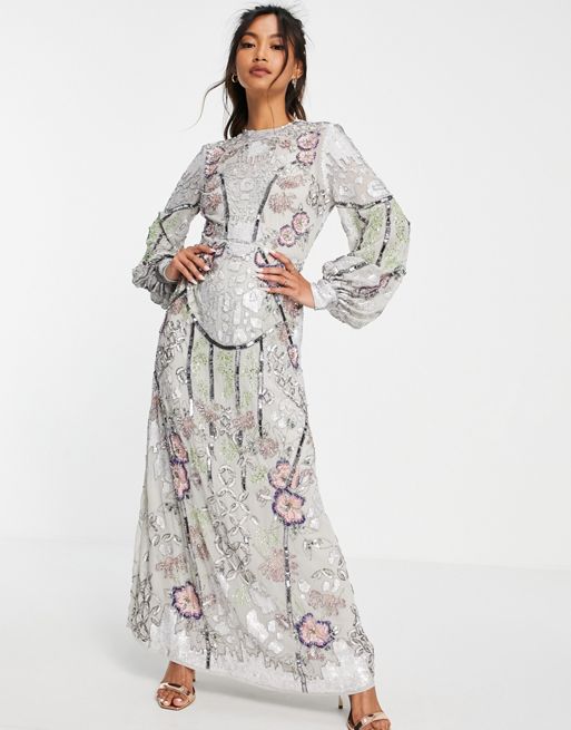 ASOS EDITION – Szara sukienka midi w kwiatowy wzór z cekinami | ASOS