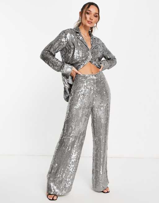 ASOS Edition – Szare spodnie z szerokimi nogawkami z cekinami