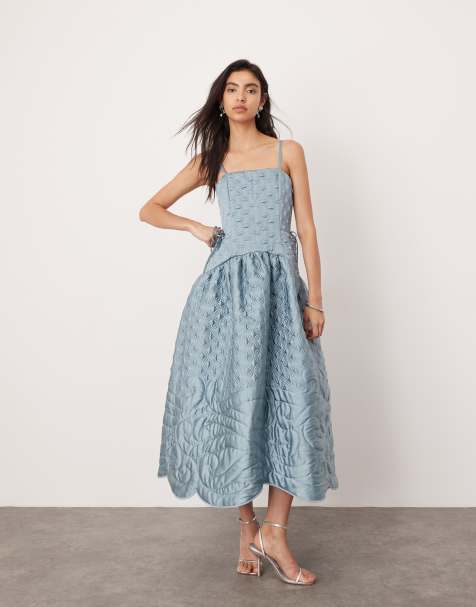 ASOS EDITION embroidered quilted drop waist cami midi dress in slate blue - MBLUE