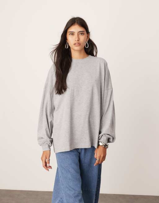 ASOS Edition – Szary melanżowy gruby T-shirt bawełniany z długim rękawem i ozdobnym szwem