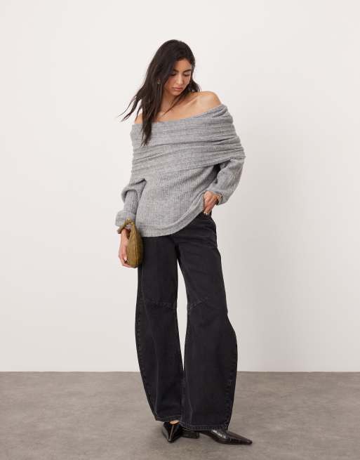 ASOS Edition – Szary melanżowy sweter z dekoltem bardot z prążkowanej dzianiny