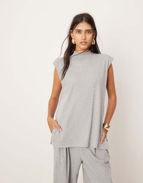 ASOS Edition – Szary top o wydłużonym fasonie z poduszkami na ramionach z prążkowanego dżerseju, część zestawu - view 1