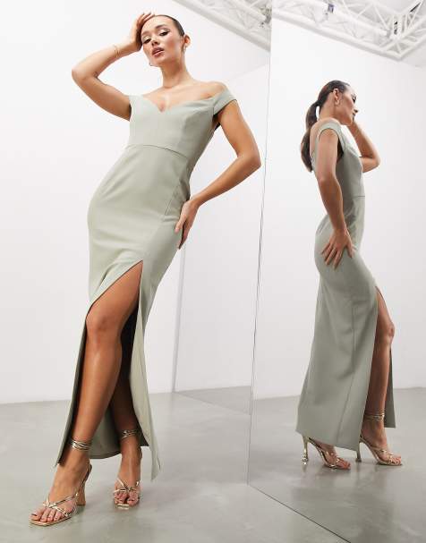 ASOS Edition – Szałwiowozielona kolumnowa sukienka maxi z rozcięciem i dekoltem bardot z krepy - view 1